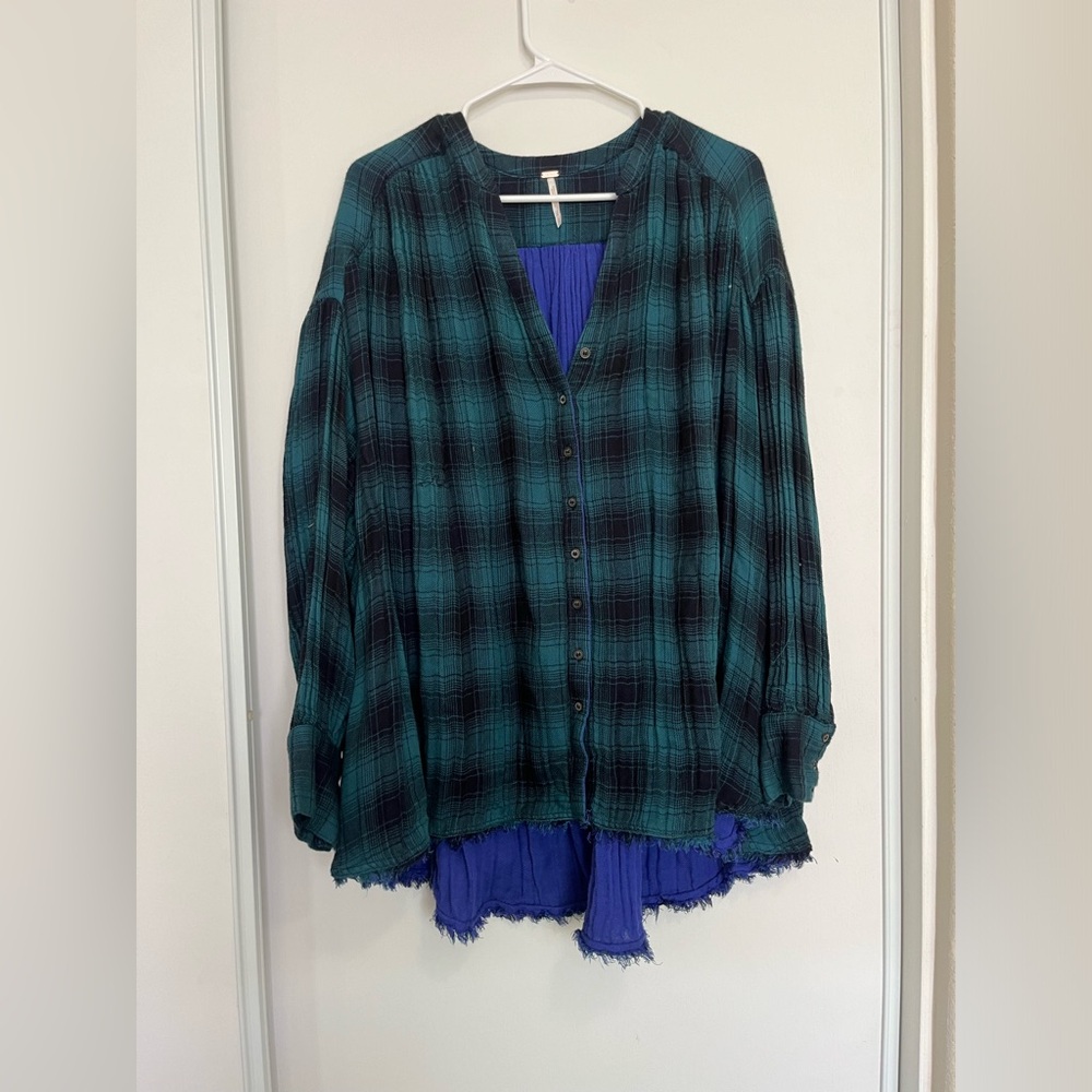 Free People Come On Over Plaid Pleated Button Down Flannal Shirt Size Small Boho - Picture 3 of 7